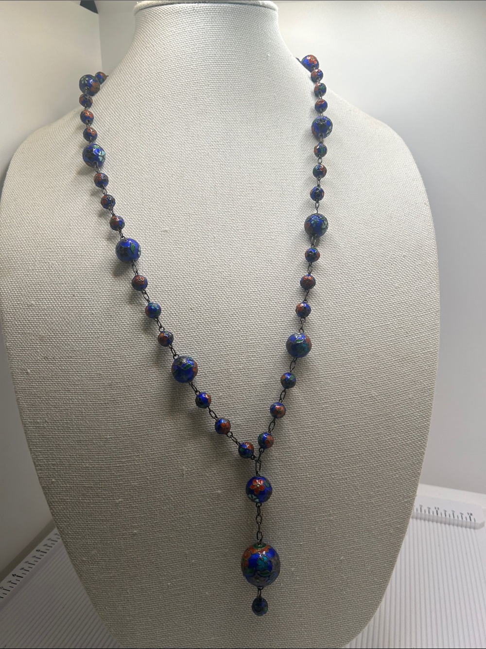 1930’s Cobalt Blue Floral Cloisonné Bead Y-Necklace